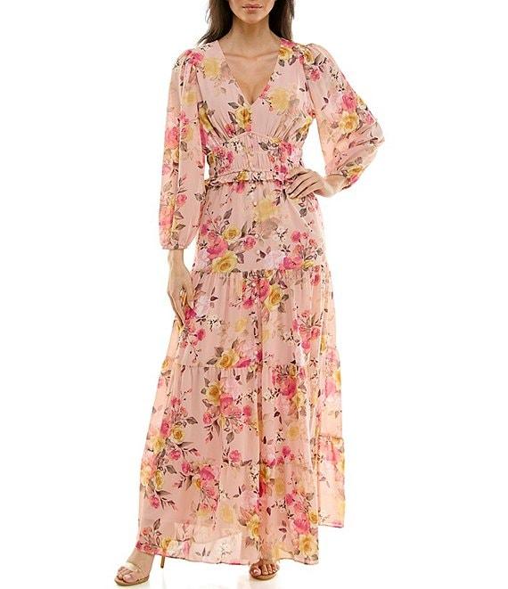 Moda Tara V-Neck Long Sleeve Floral Print A-Line Maxi Dress Product Image