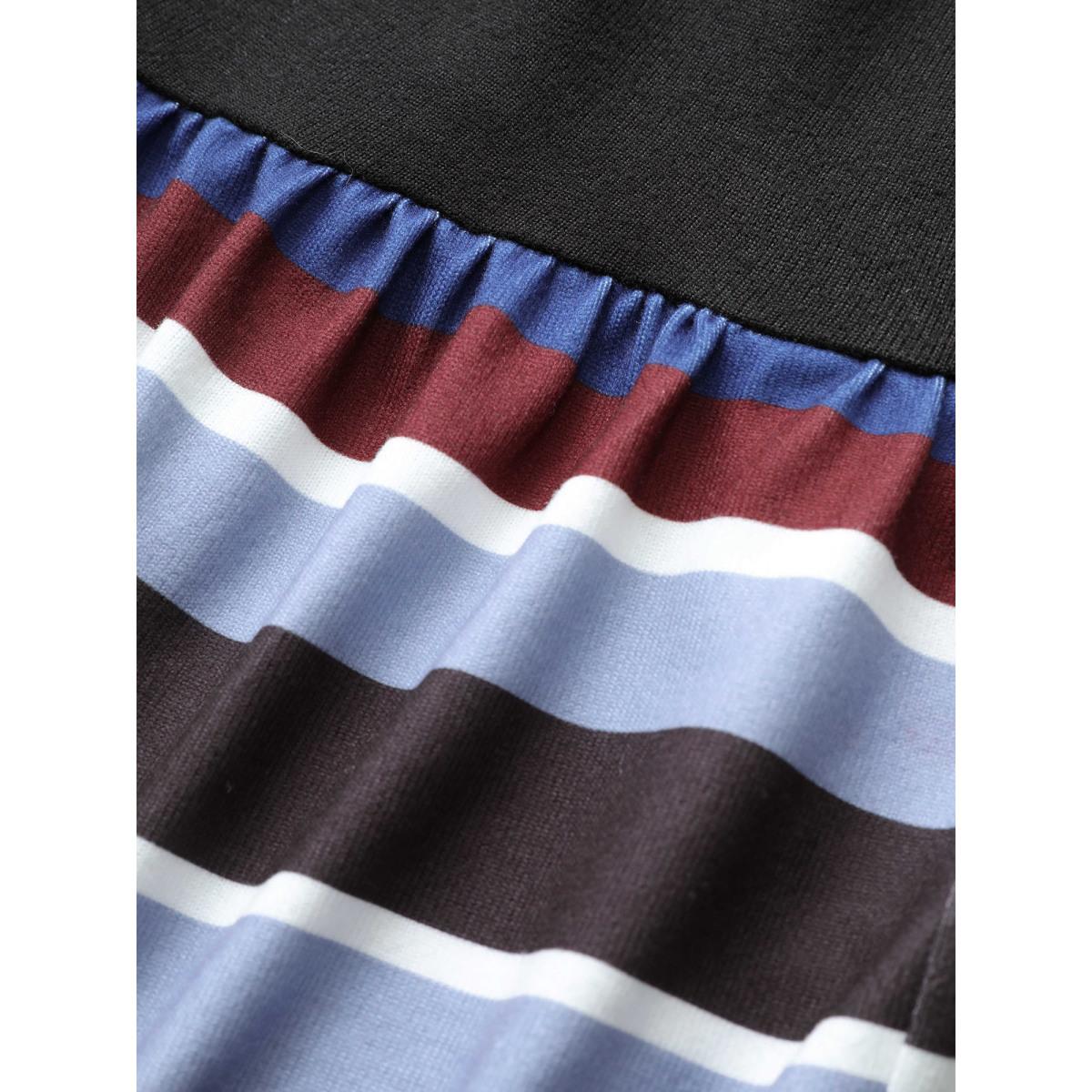 Plus Size Contrast Striped Flutter Hem Hooded Drawstring Dress Black Women Casual Gathered Hooded Long Sleeve Curvy Midi Dress BloomChic 14-16/1X Product Image