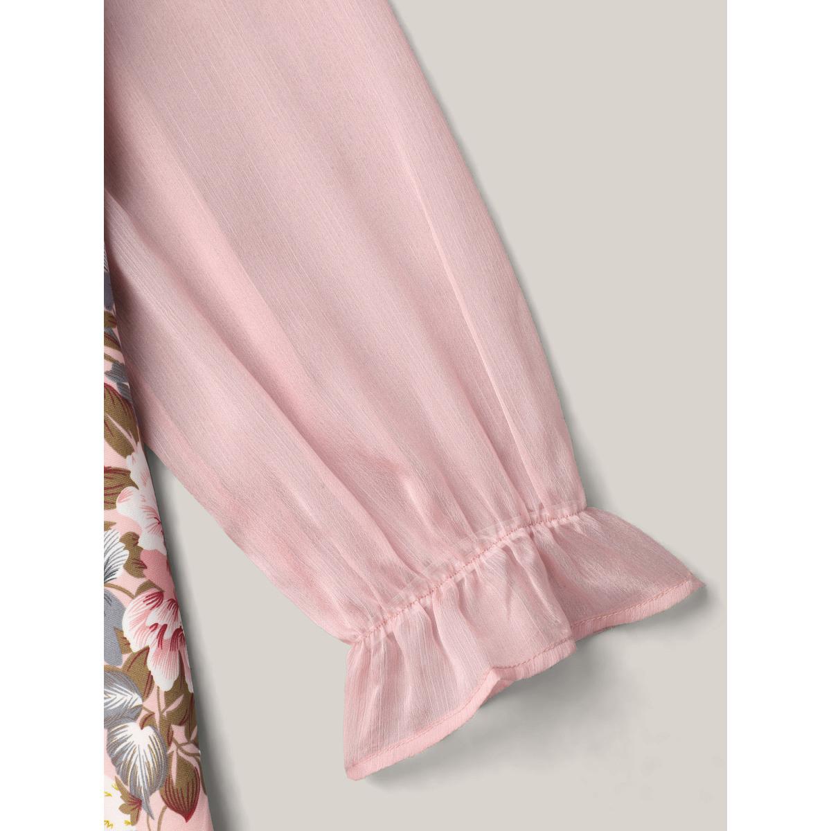 Plus Size Floral Print Spliced Waist Cinched Midi Dress MistyRose Women Romantic See through Round Neck Long Sleeve Curvy BloomChic 30/6X Product Image