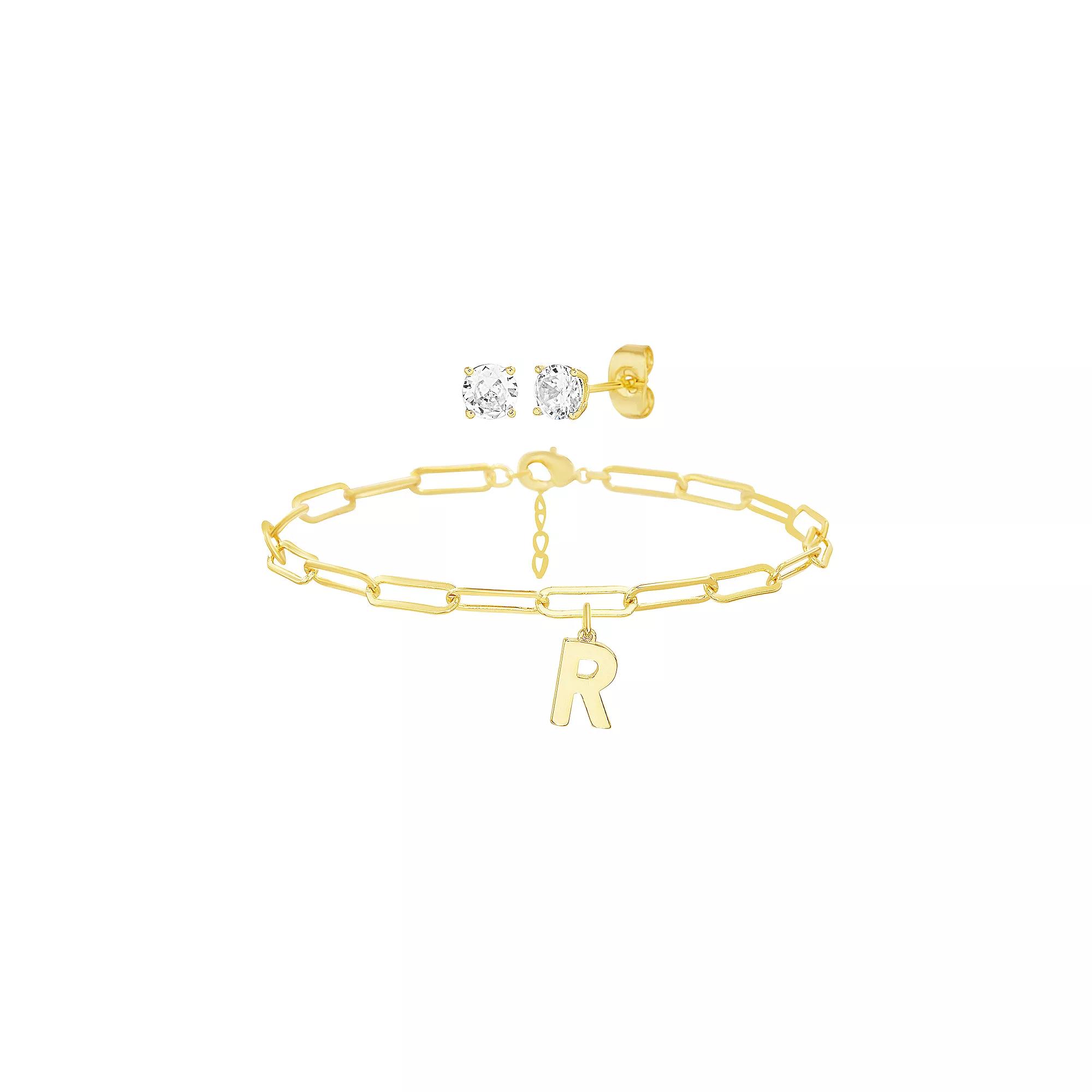 Paige Harper 14k Gold Plated Initial Charm Bracelet & Cubic Zirconia Stud Earring Set, Women's, Size: 7.5-8.5"AD, Gold Tone R Product Image