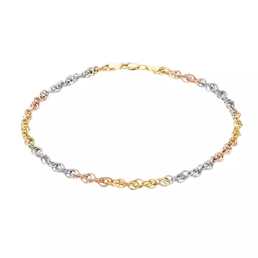Au Naturale Tri-Tone 10k Gold Double Link Cable Chain Anklet, Womens 10k  Tone Product Image