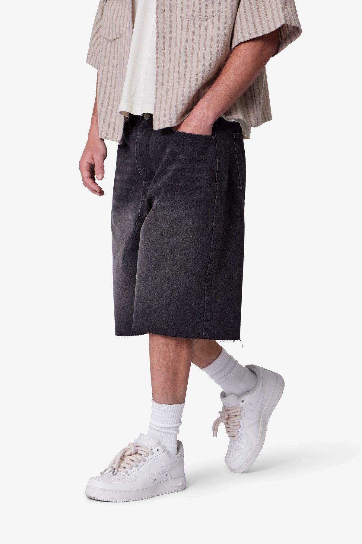 Baggy Cut Off Denim Shorts - Washed Black Product Image