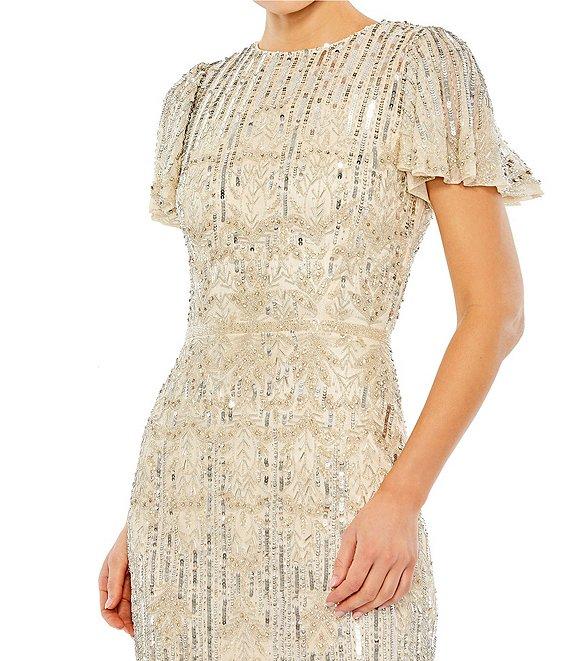 Mac Duggal Beaded Crew Neck Short Flutter Sleeve Midi Dress Product Image