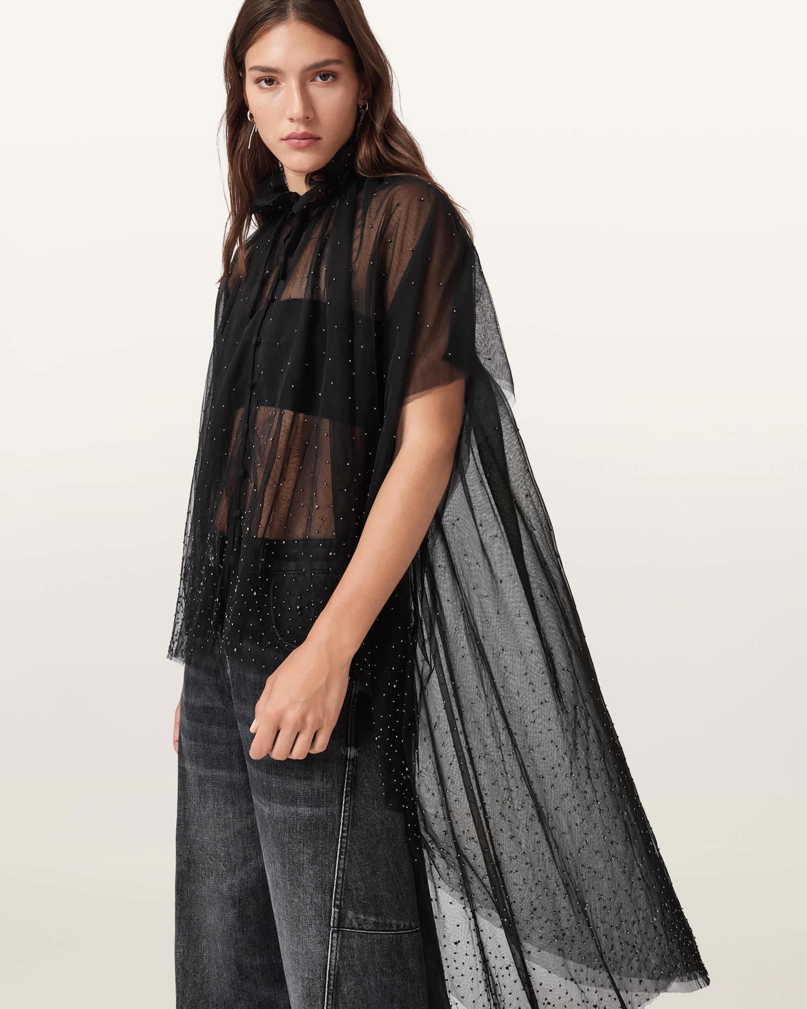 Sez Embellished Tulle Cape Black | ALLSAINTS US Product Image