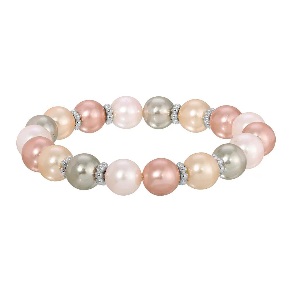 1928 Silver Tone Multi Color Simulated Pearl Stretch Bracelet, Women's Product Image