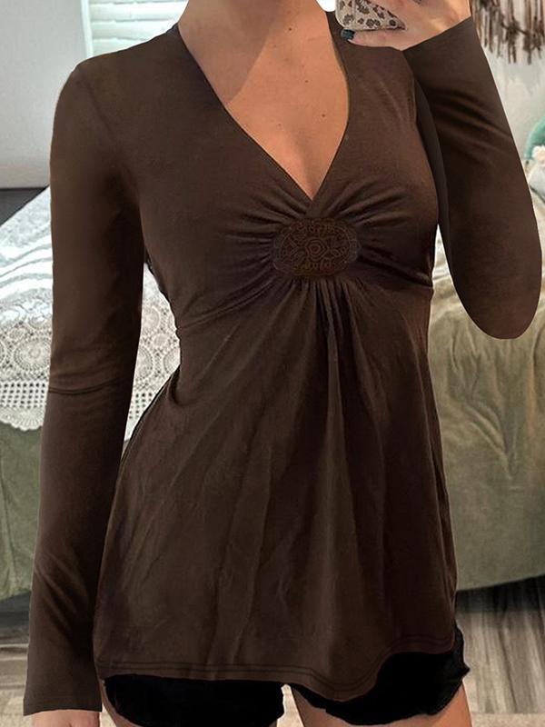 Retro Pleated V-Neck Long Sleeve Product Image