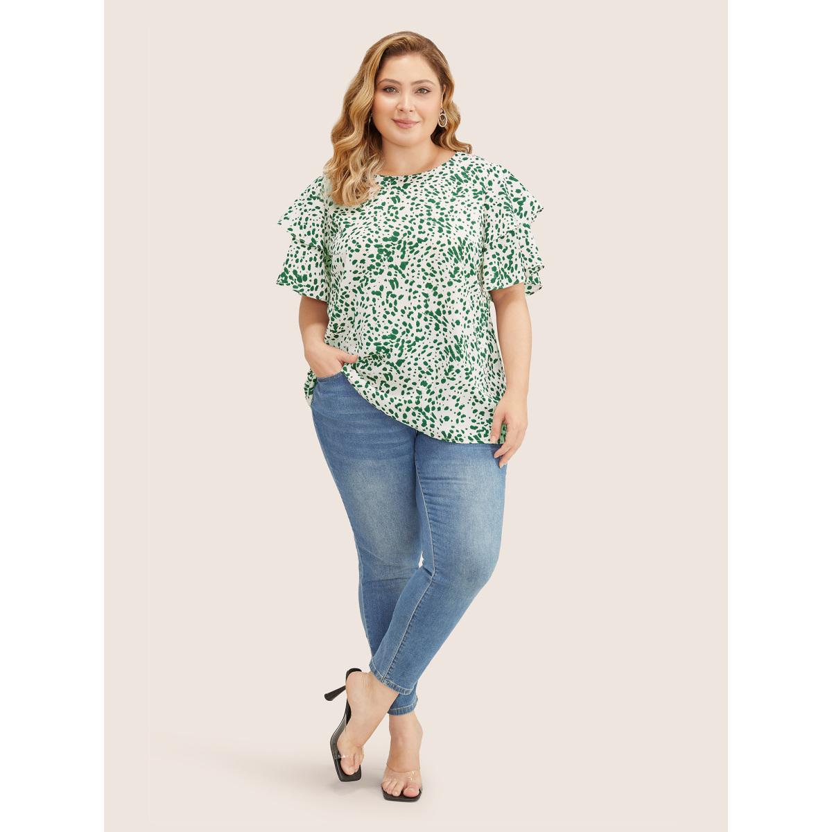 Plus Size Emerald Leopard Crew Neck Ruffle Tiered Sleeve Blouse Women Elegant Short sleeve Round Neck Everyday Blouses BloomChic 28/5X Product Image