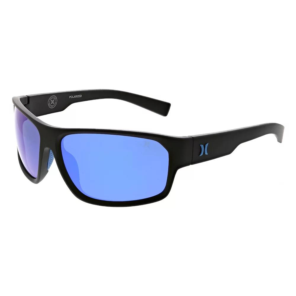Men's Hurley Blackout 64mm Wrap Polarized Sunglasses, Matte Black Blue Product Image