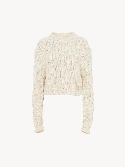 Cropped intarsia knitted sweater in wool blend Product Image