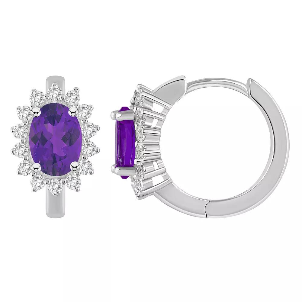 Celebration Gems Sterling Silver Oval Gemstone & White Topaz Halo Huggie Hoop Earrings, Women's, Peridot Product Image