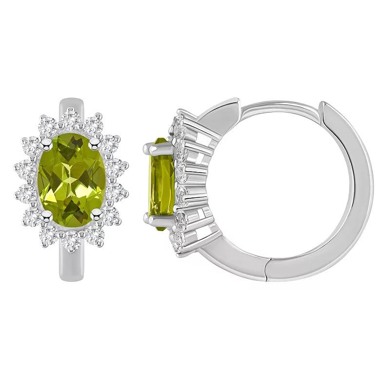 Celebration Gems Sterling Silver Oval Gemstone & White Topaz Halo Huggie Hoop Earrings, Women's, Peridot Product Image