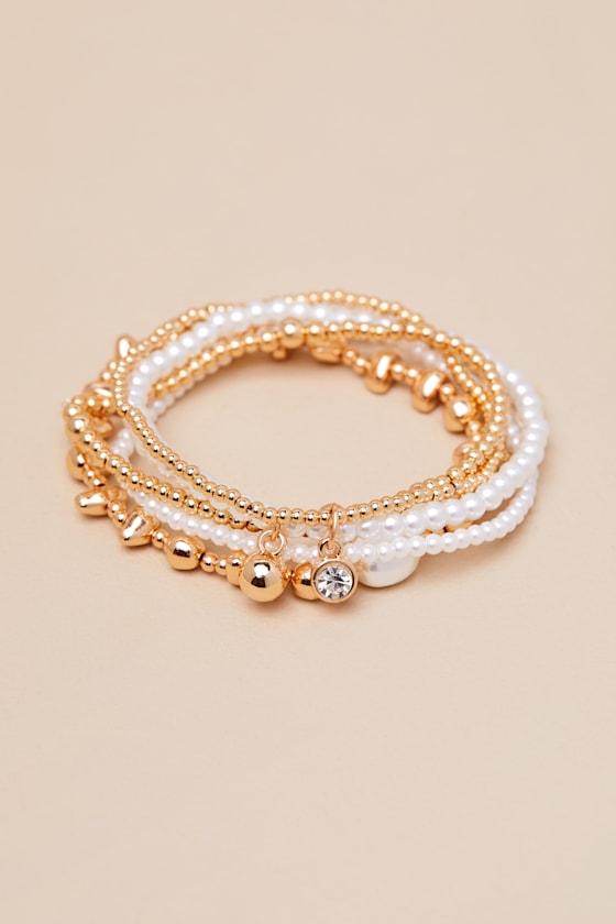 Giginna Gold and White Beaded Five-Piece Bracelet Set Product Image
