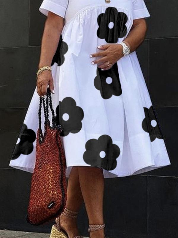 Loose Short Sleeves Flower Print V-Neck Midi Dresses Product Image