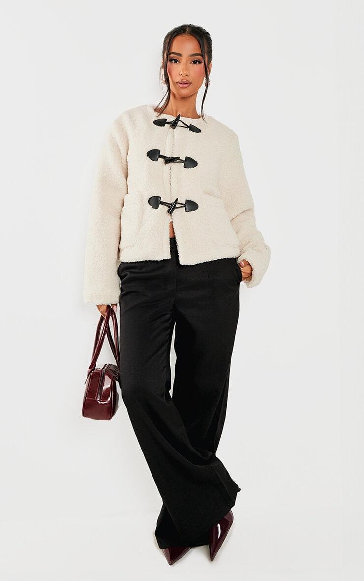 Petite Cream Borg Longline Clasp Detail Jacket Product Image