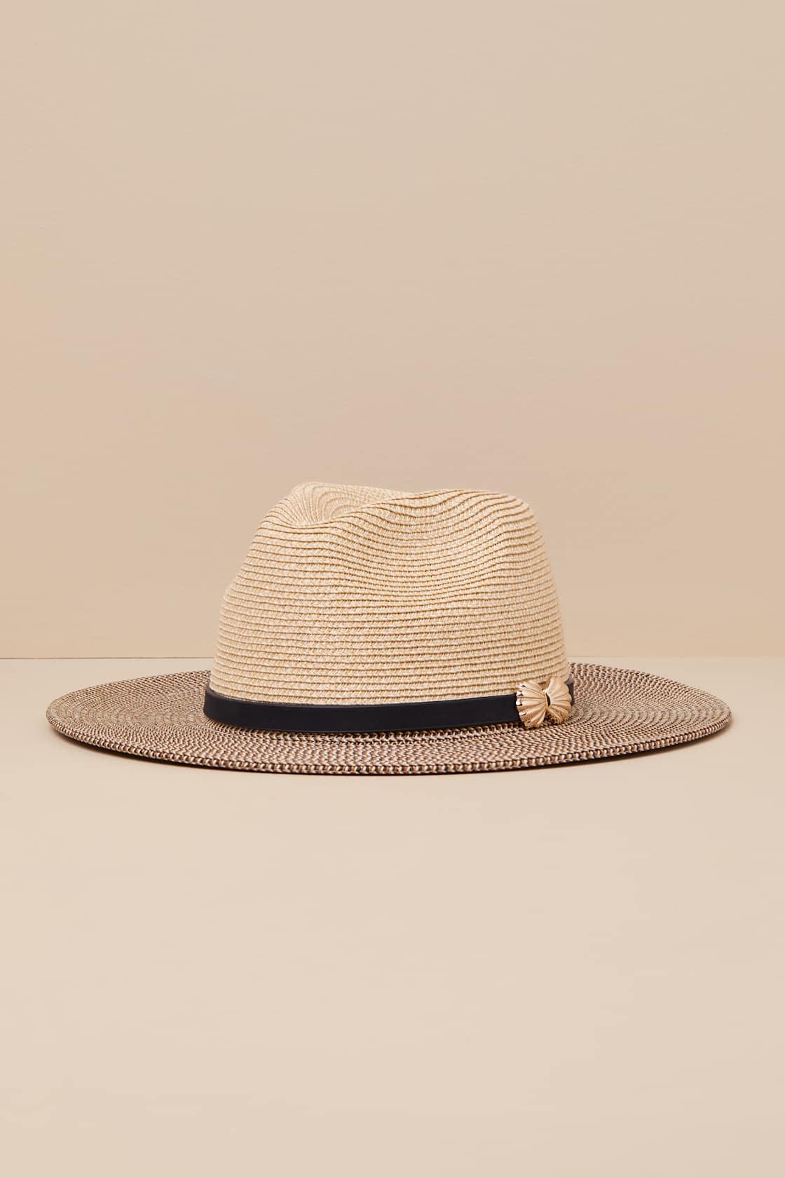Seaside Beige and Black Two-Tone Straw Fedora Hat Product Image