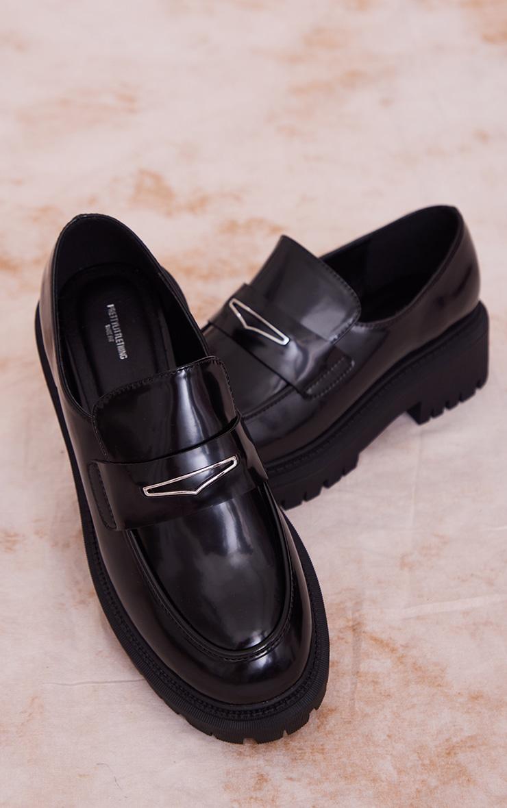 Black Wide Fit Patent Metal Trim Chunky Loafers Product Image