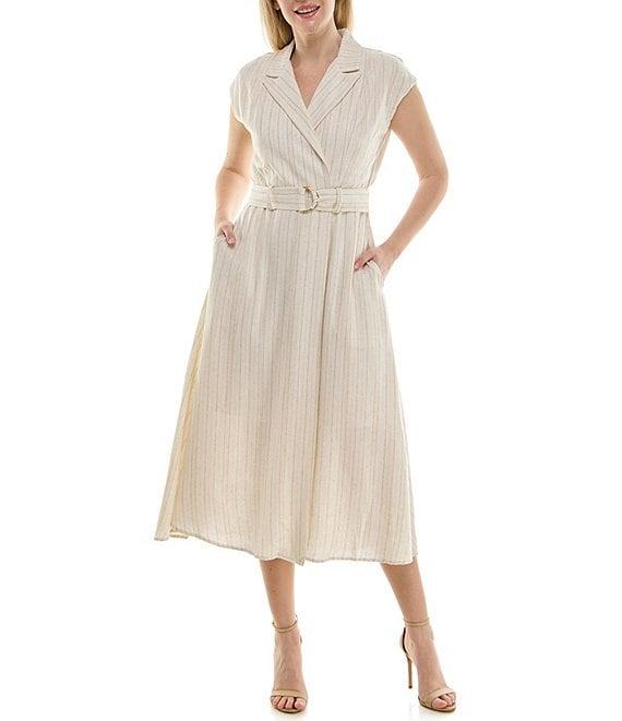 Moda Tara Notch Collar V-Neck Stripe Cap Sleeve Linen Midi Dress Product Image