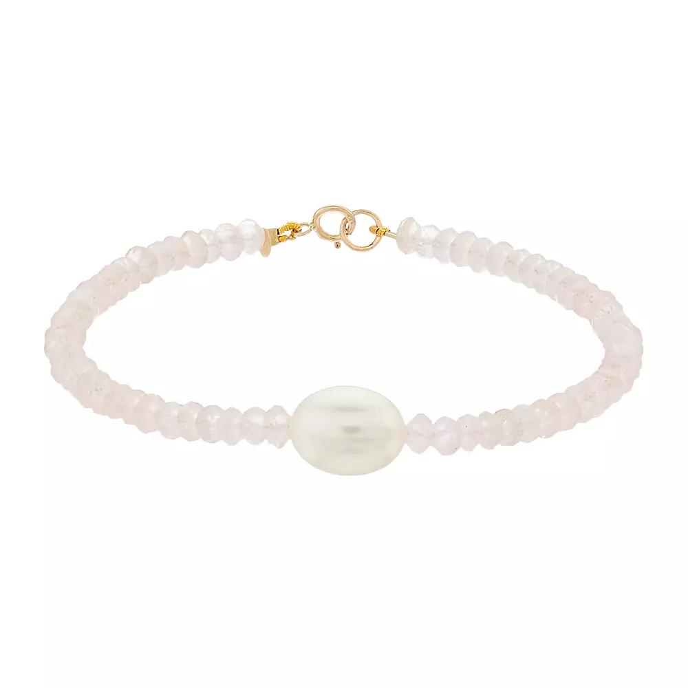 Jewelmak 14k Gold Rose Quartz Rondelle Freshwater Cultured Pearl Bracelet, Women's Product Image
