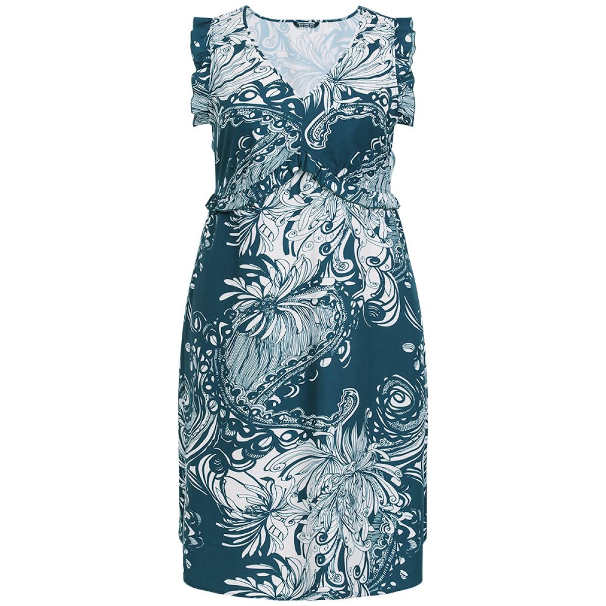 Plus Size Floral Print Sleeveless Pocket V Neck Frill Trim Dress DarkBlue Women Elegant Ruffles V-neck Sleeveless Curvy Midi Dress BloomChic 12/L Product Image