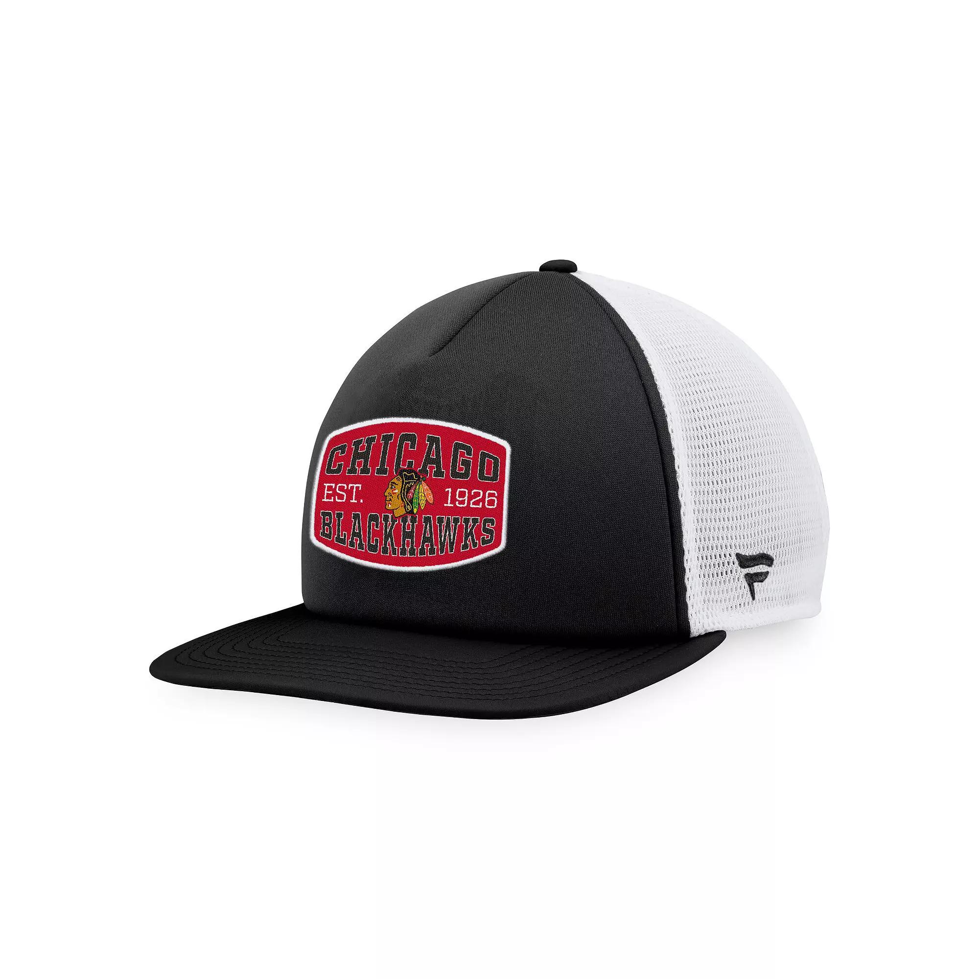 Men's Fanatics Branded Black/White Chicago Blackhawks Foam Front Patch Trucker Snapback Hat Product Image