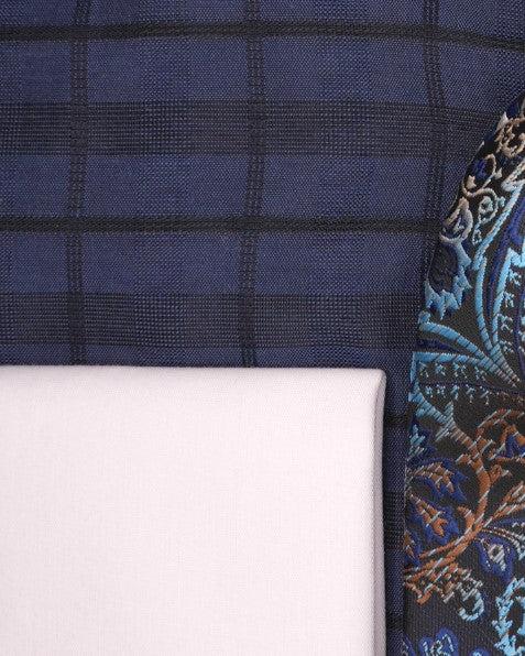 Navy Tone-on-tone Check Dress Shirt Set with Tie and Handkerchief Product Image