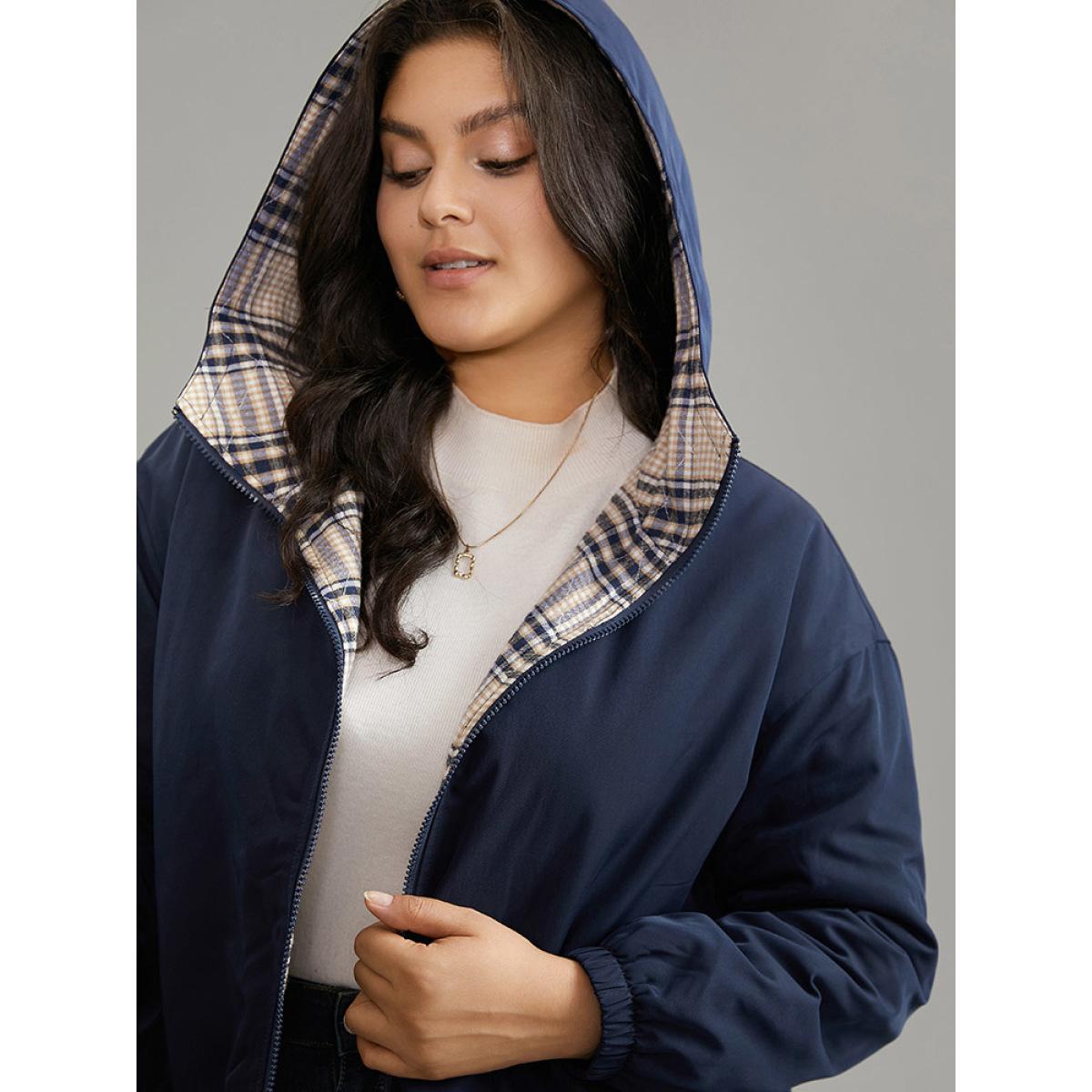 Plus Size Plaid Zipper Pocket Trench Patchwork Jacket Women Indigo Casual Elastic cuffs Ladies Dailywear Winter Coats BloomChic 12/L Product Image