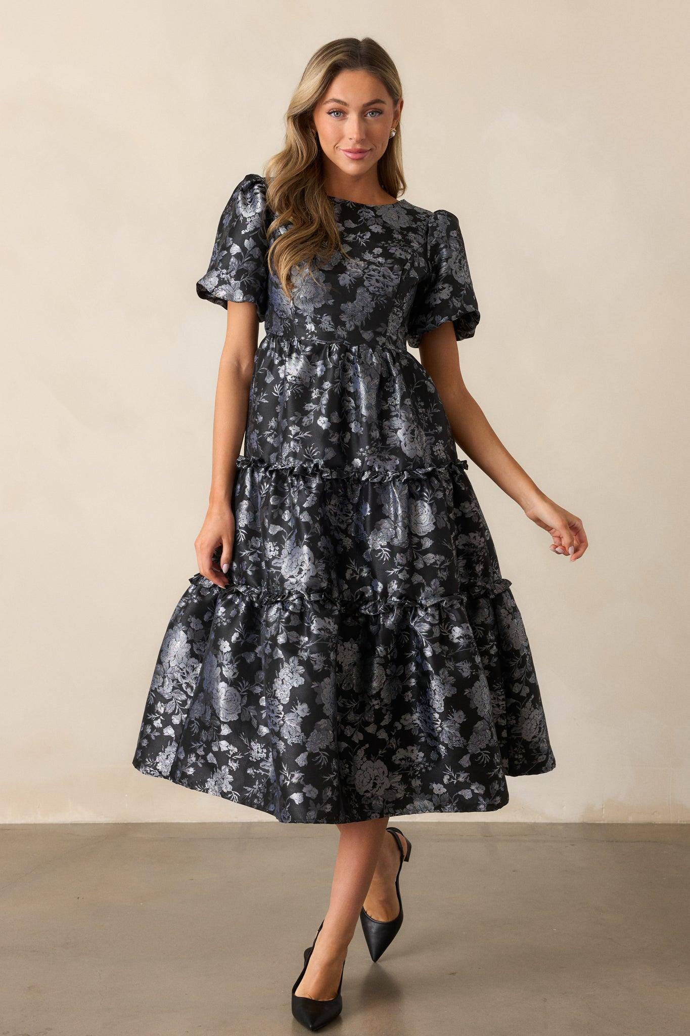 Follow My Lead Black Floral Jacquard Midi Dress Product Image