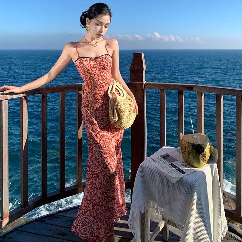 Spaghetti Strap Floral Print Midi Mermaid Dress Product Image