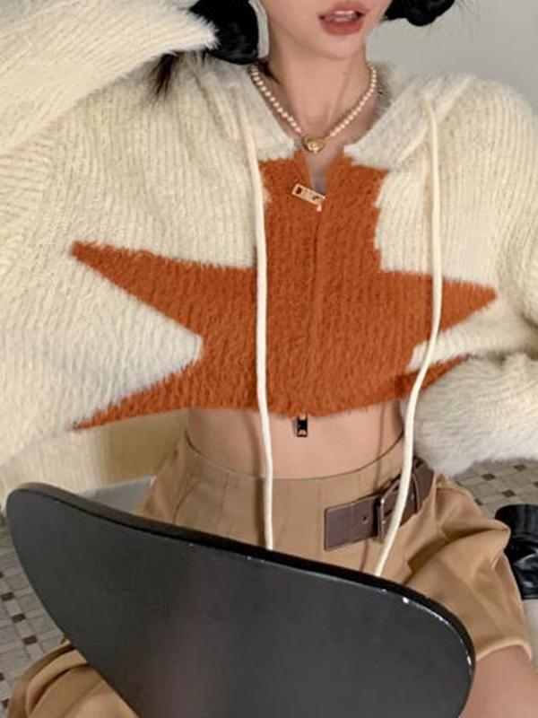 Star Hooded Crop Loose Cardigan Product Image