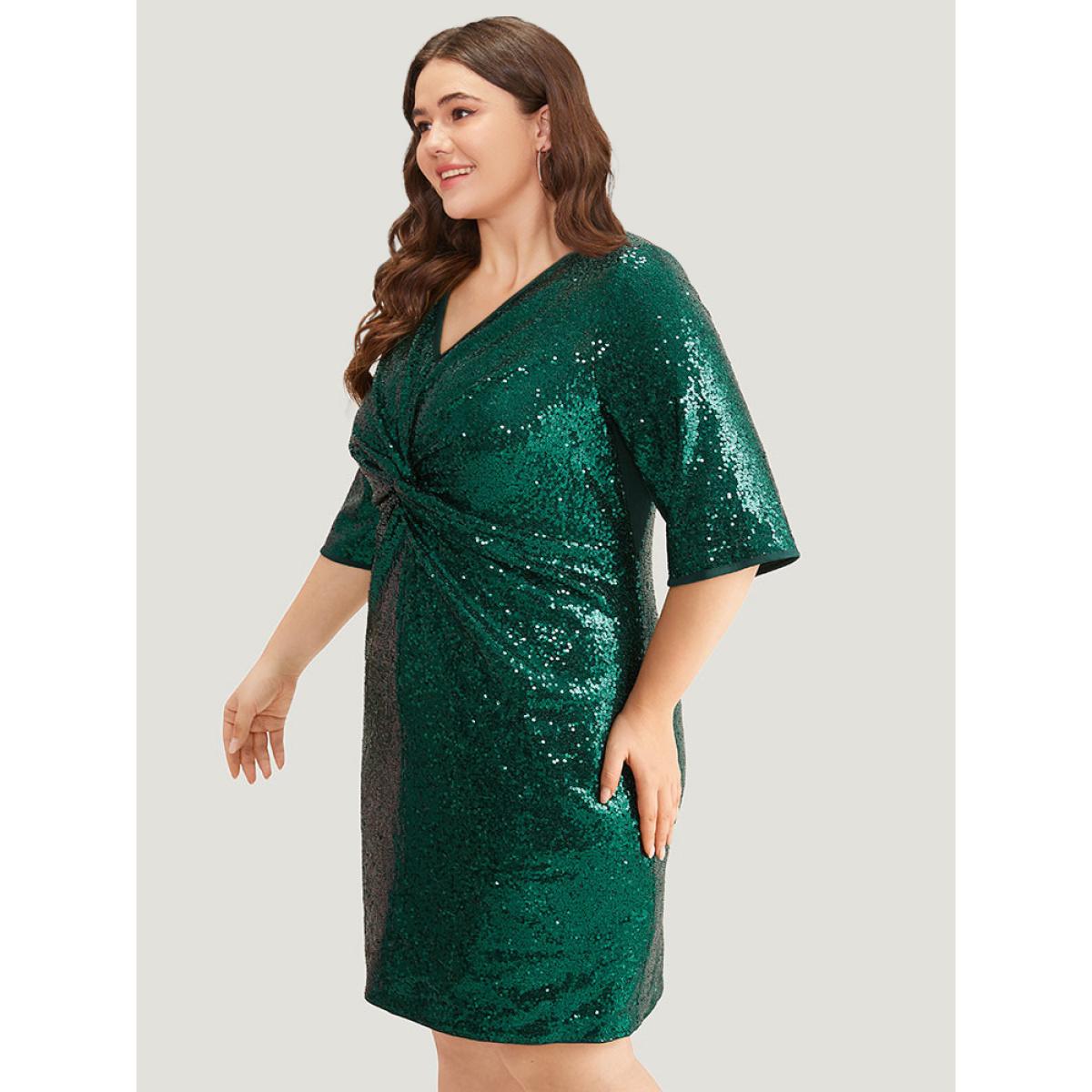 Plus Size Sequin Twist Front V Neck Dress DarkGreen Women Party Plain V-neck Short sleeve Curvy Knee Dress BloomChic 18-20/2X Product Image