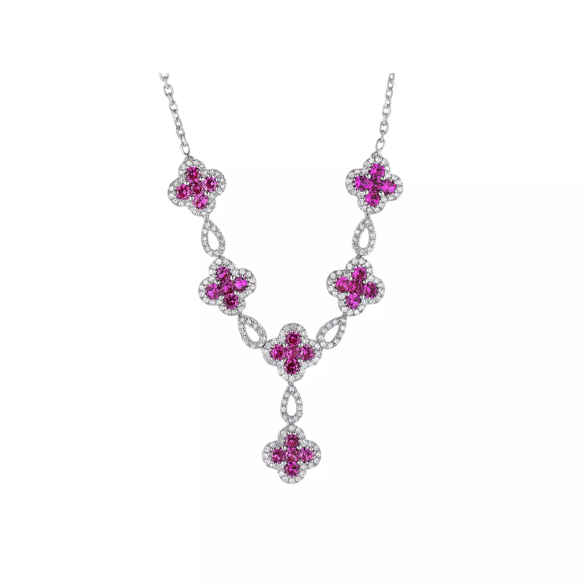 Sterling Silver Lab-Created Ruby & Lab-Created White Sapphire Flower Y Necklace, Women's, Size: 18" Product Image