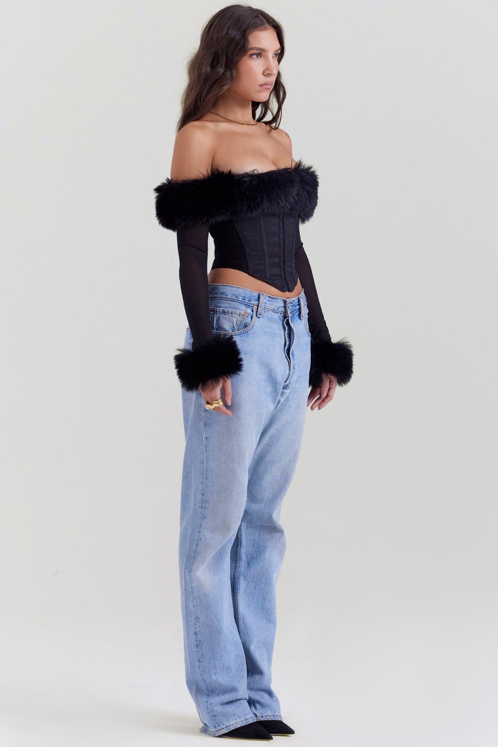 Merle  black faux fur trim corset - sale Product Image