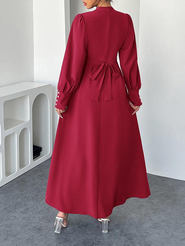 A-Line High Waisted Pleated Solid Color Tied Waist Mock Neck Maxi Dresses Product Image