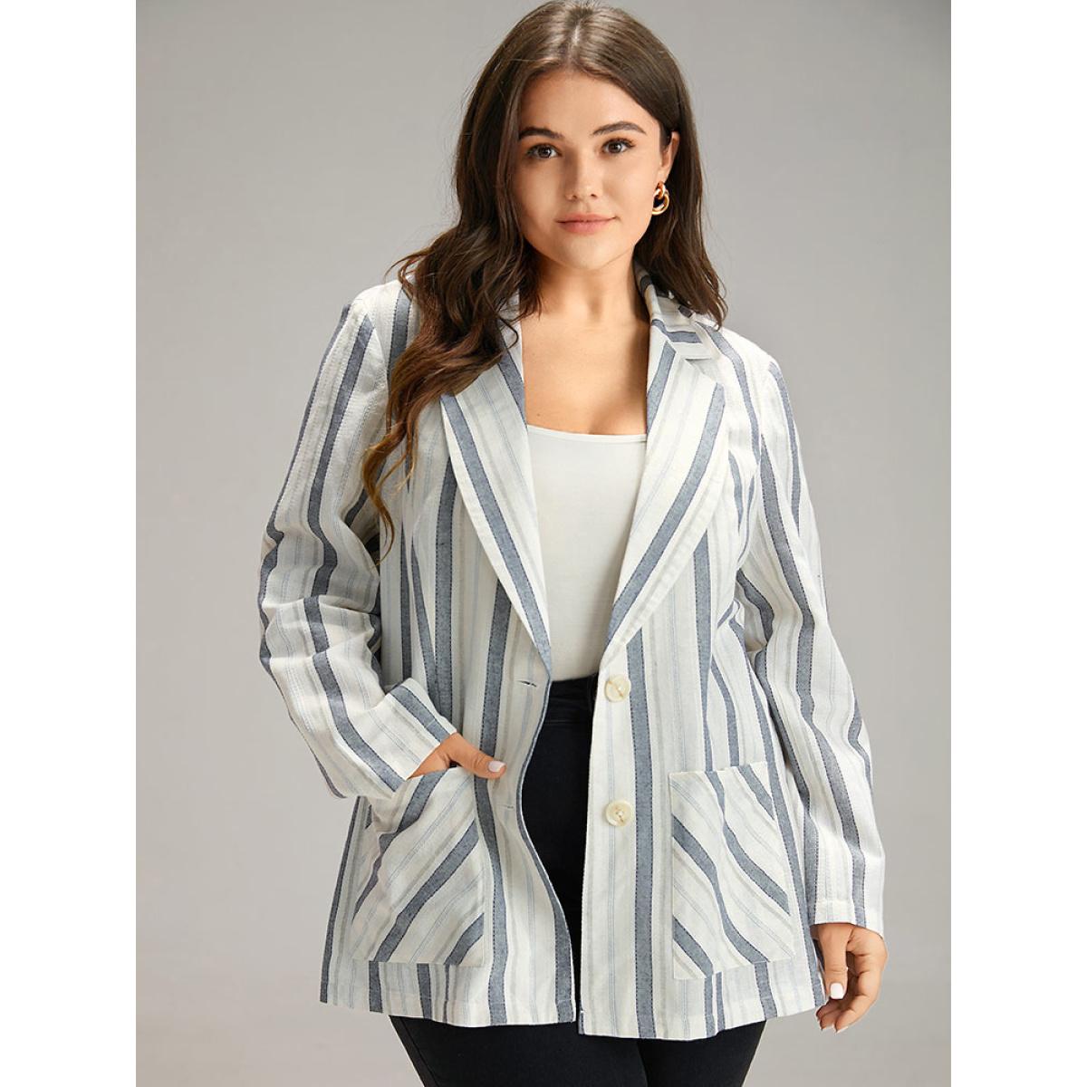 Plus Size Striped Suit Collar Pocket Blazer Blue Women Dailywear Striped Contrast Sleeve Long Sleeve Suit Collar 12/L Pocket Casual Blazers BloomChic Product Image