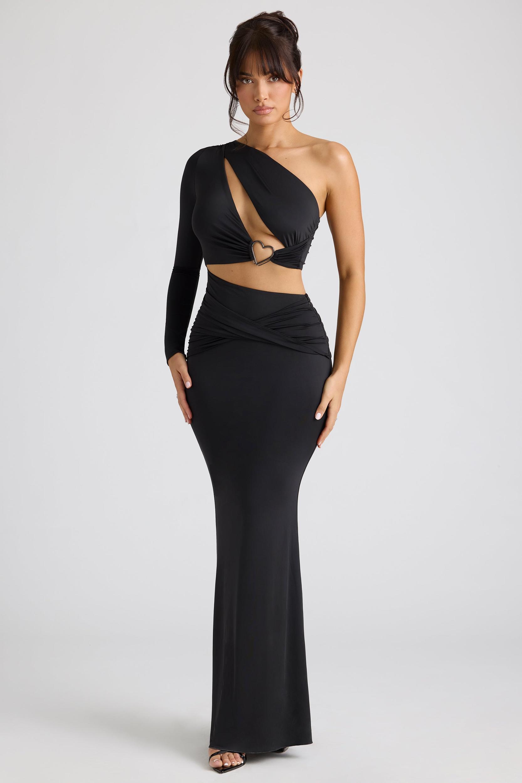Single Sleeve Cut Out Evening Gown in Black Product Image