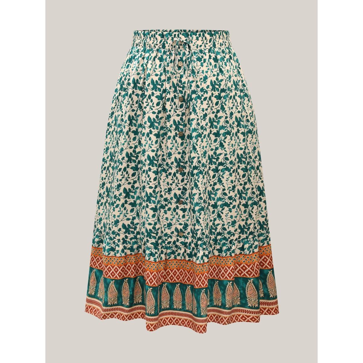Plus Size Stretchy Waist Boho Print Tied Midi Skirt Women Turquoise Elegant Drawstring Bodycon Low stretch Slanted pocket Everyday Skirts BloomChic 10/M Product Image