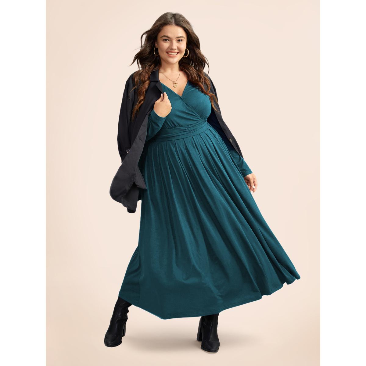 Plus Size Supersoft Essentials Ruched Wrap Pleated Hem Dress Aegean Women Casual Non Overlap Collar Long Sleeve Curvy Midi Dress BloomChic 12/L Product Image