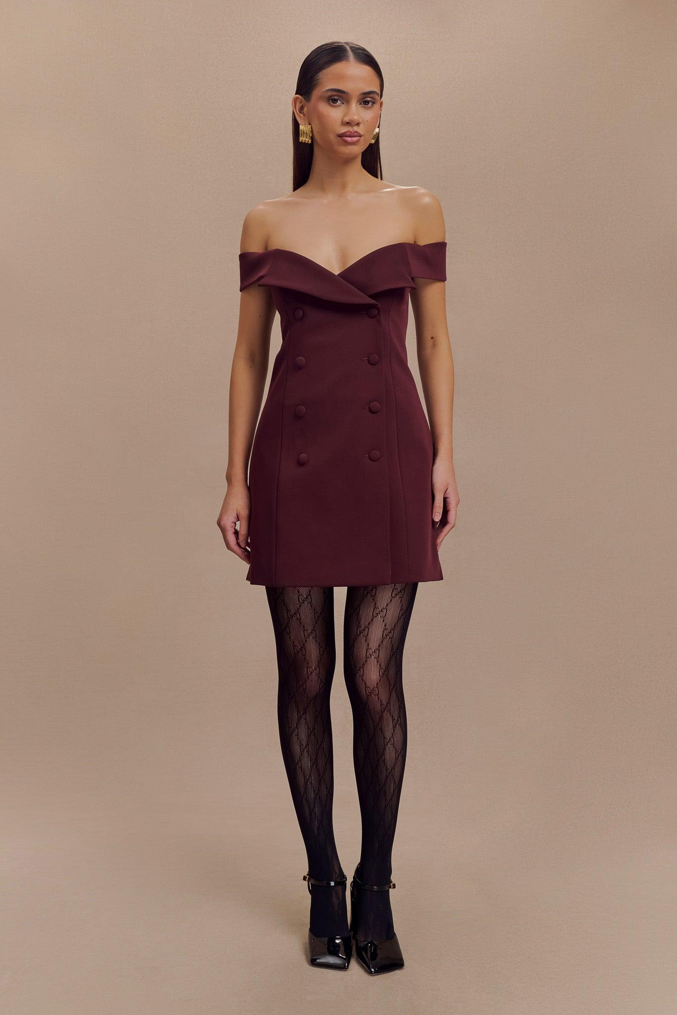 Noelle Off Shoulder Suiting Mini Dress - Mahogany Product Image