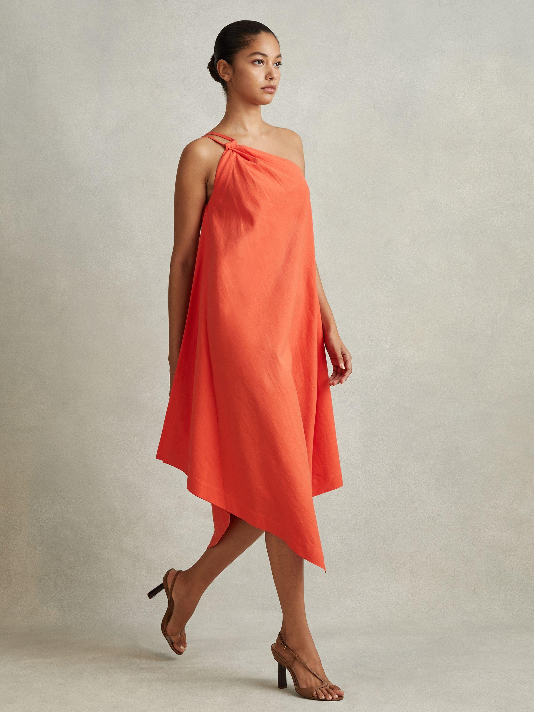 One Shoulder Draped Midi Dress in Orange Product Image