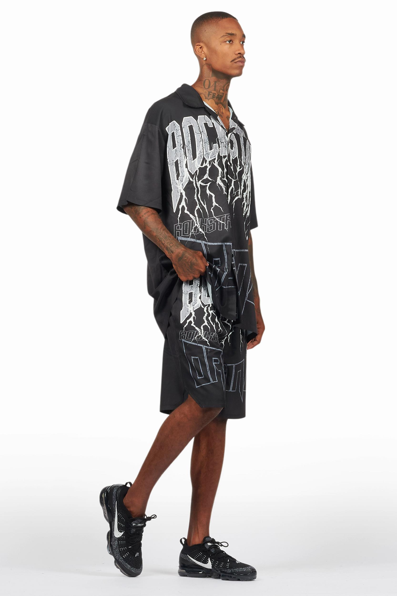 Hustle Black Button Down Short Set Male Product Image