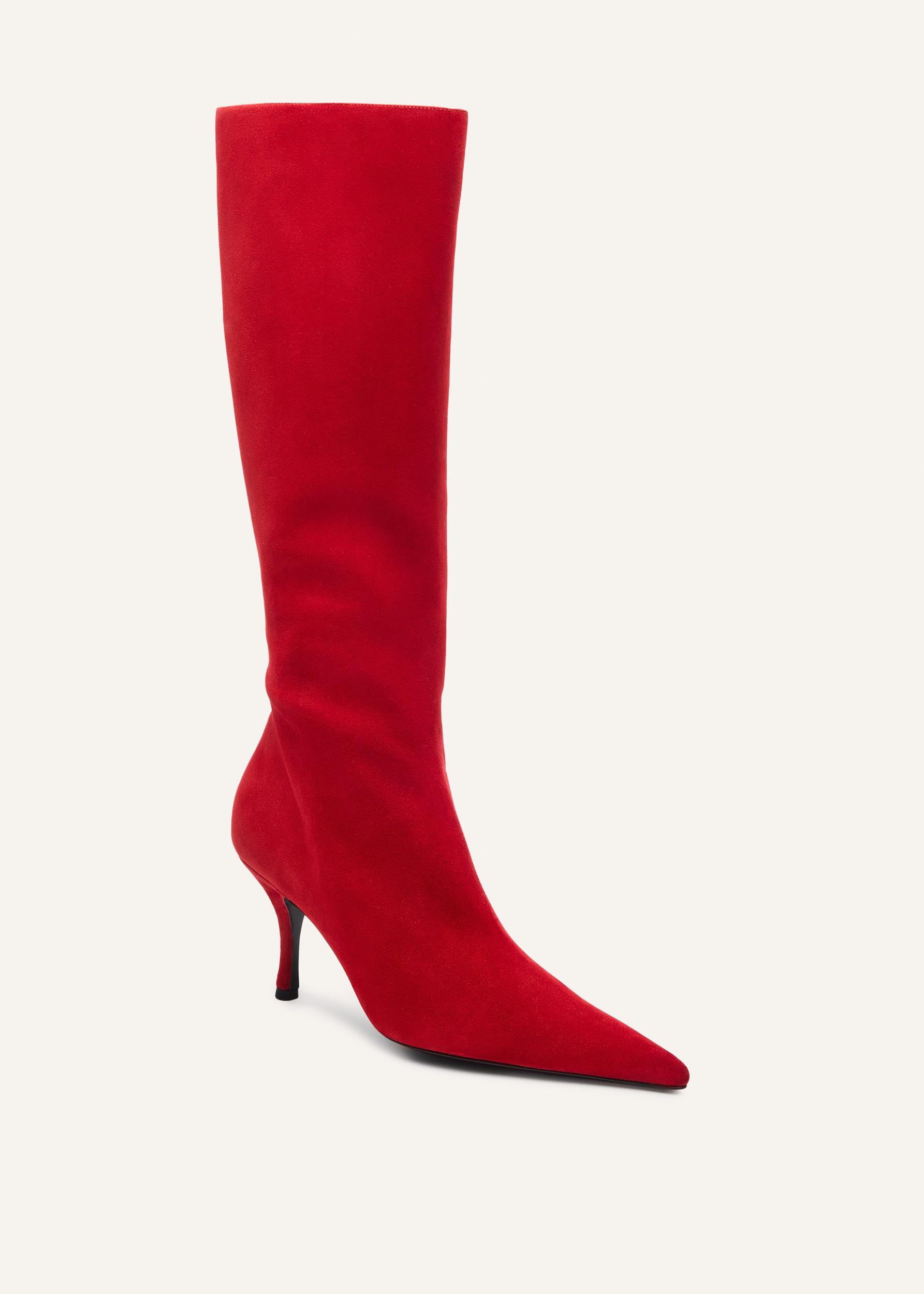 Pointed suede knee boots in red Product Image