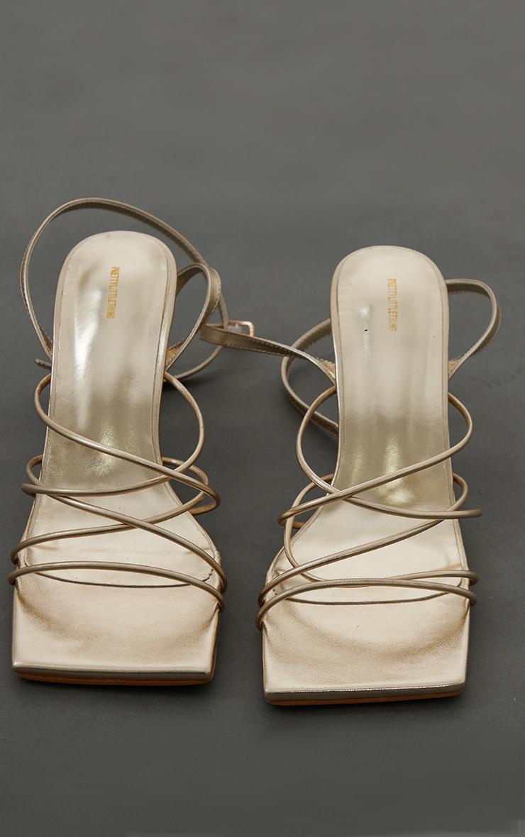 Gold PU Metallic Square Toe Cross Over Strappy Mid Heeled Sandals Product Image