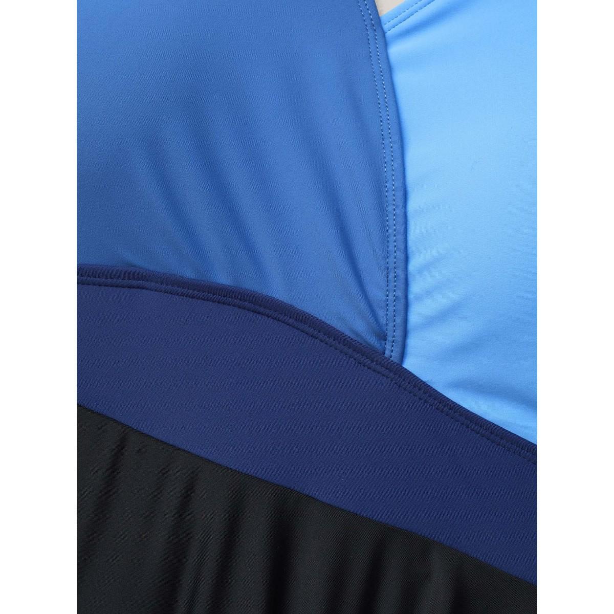 Plus Size Color-Block Surplice Neck Adjustable Swim Dress Women's Swimwear Mediumblue Beach Bodycon Overlap Collar High stretch Curve Swim Dresses BloomChic 12/L Product Image