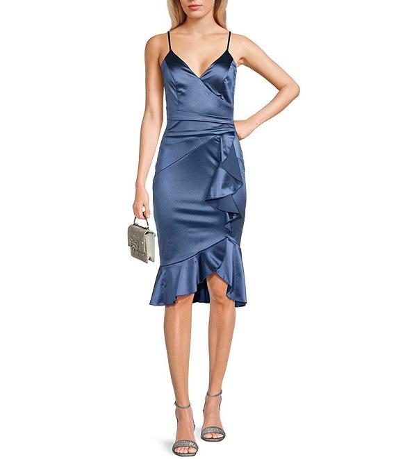 Honey and Rosie Spaghetti Strap V-Neck Faux Wrap Ruffle Hem Satin Midi Dress Product Image