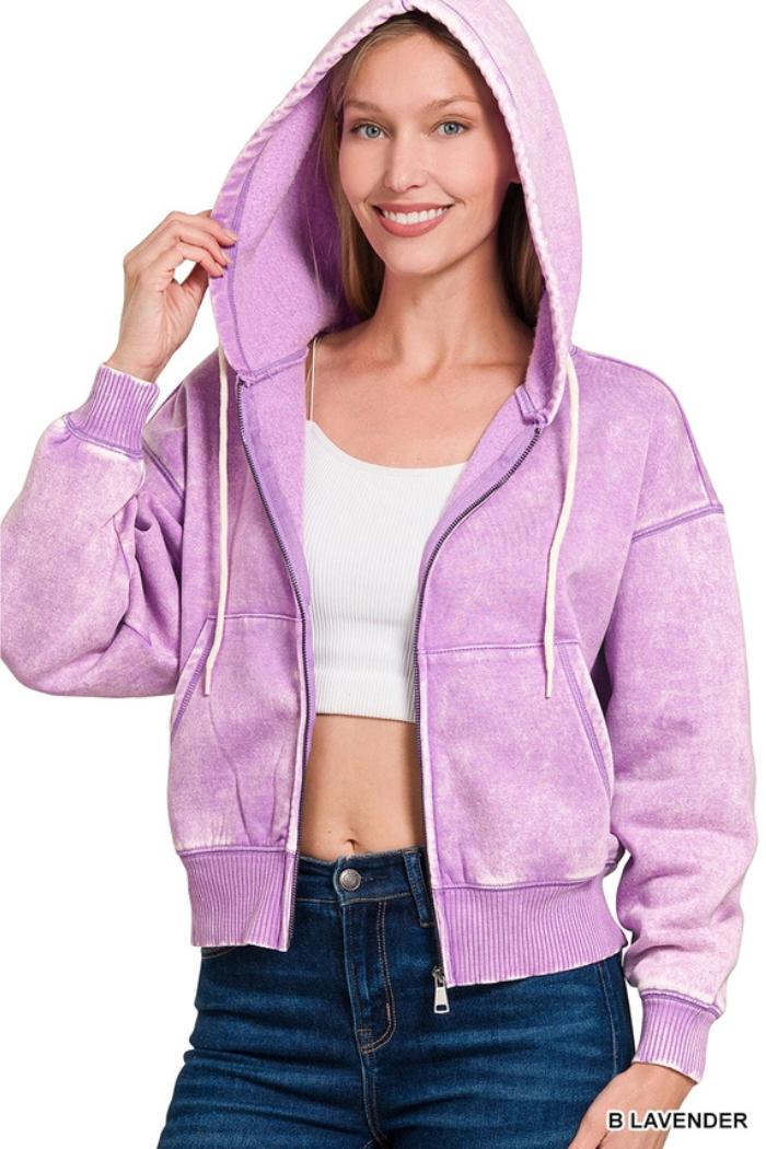 Acid wash fleece cropped zip-up hoodie w pockets Product Image