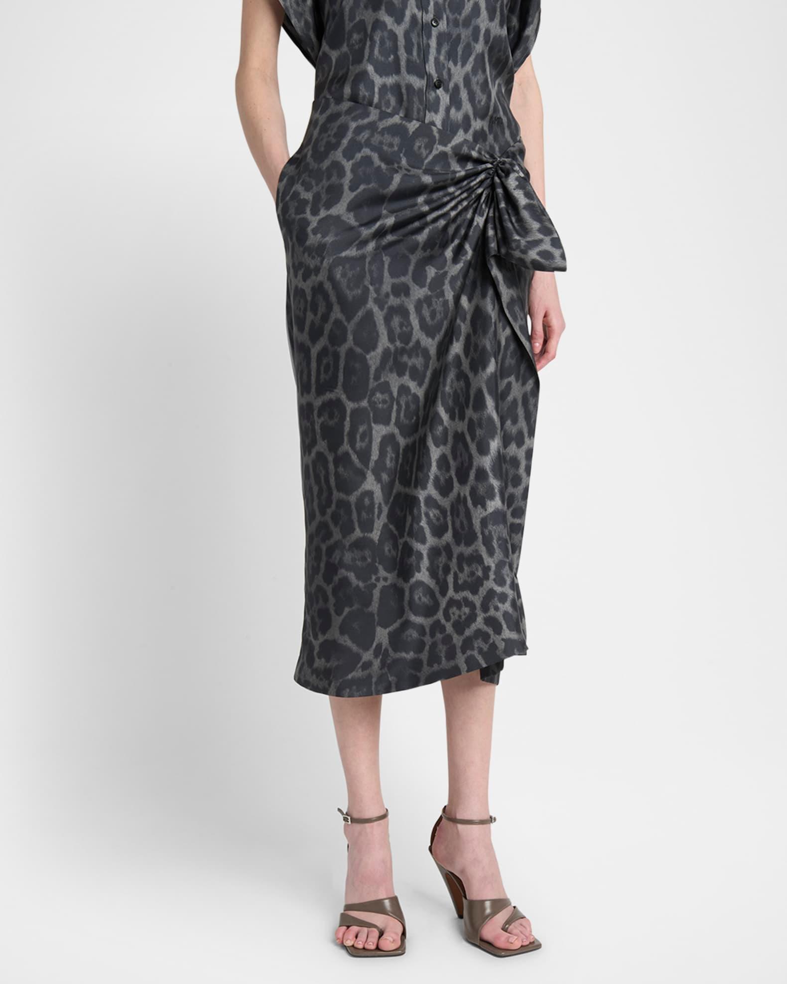 Leopard-Print Gathered Silk Midi Skirt Product Image