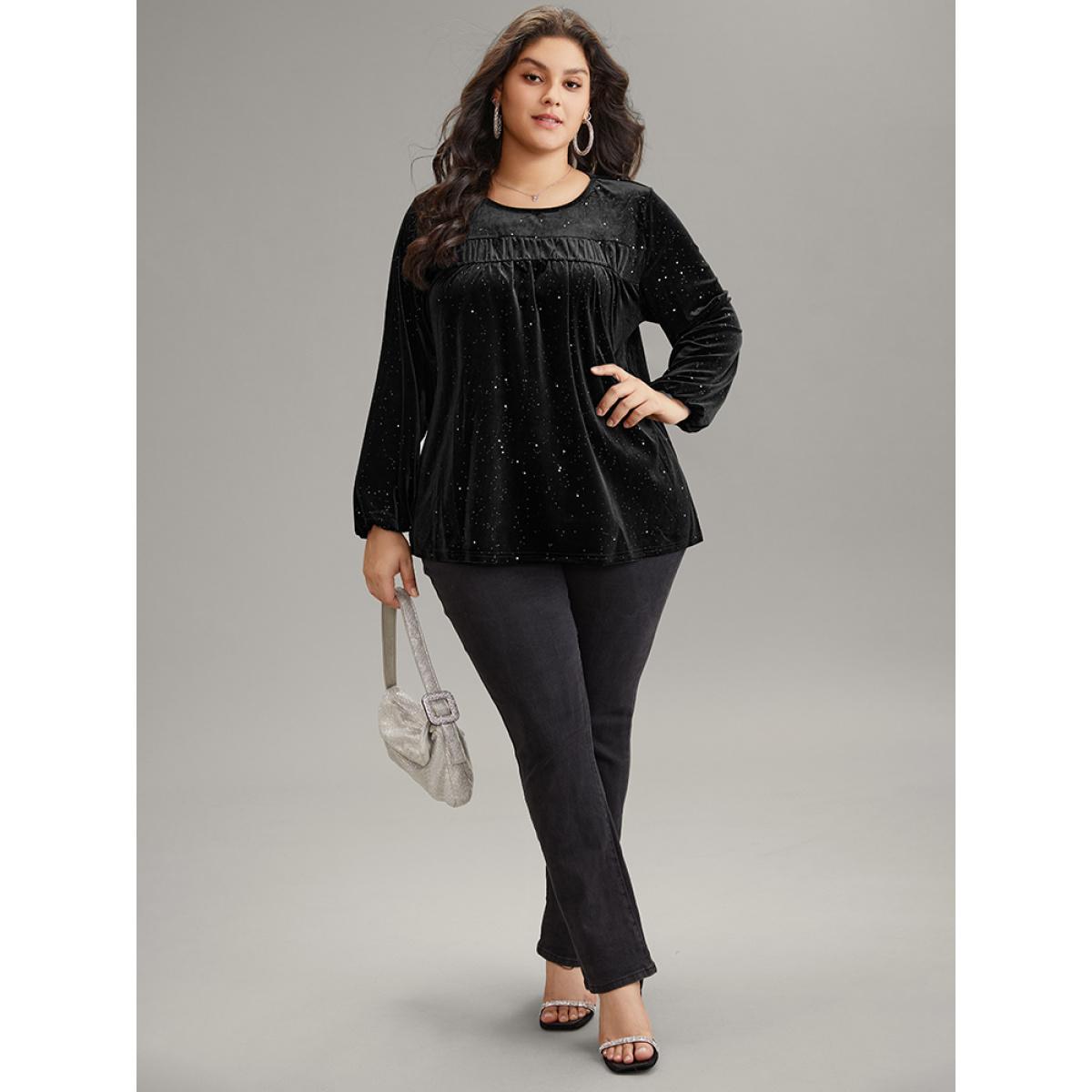 Plus Size Black Velvet Seam Detail Pleated Blouse Women Glamour Long Sleeve Round Neck Going out Blouses BloomChic 22-24/3X Product Image