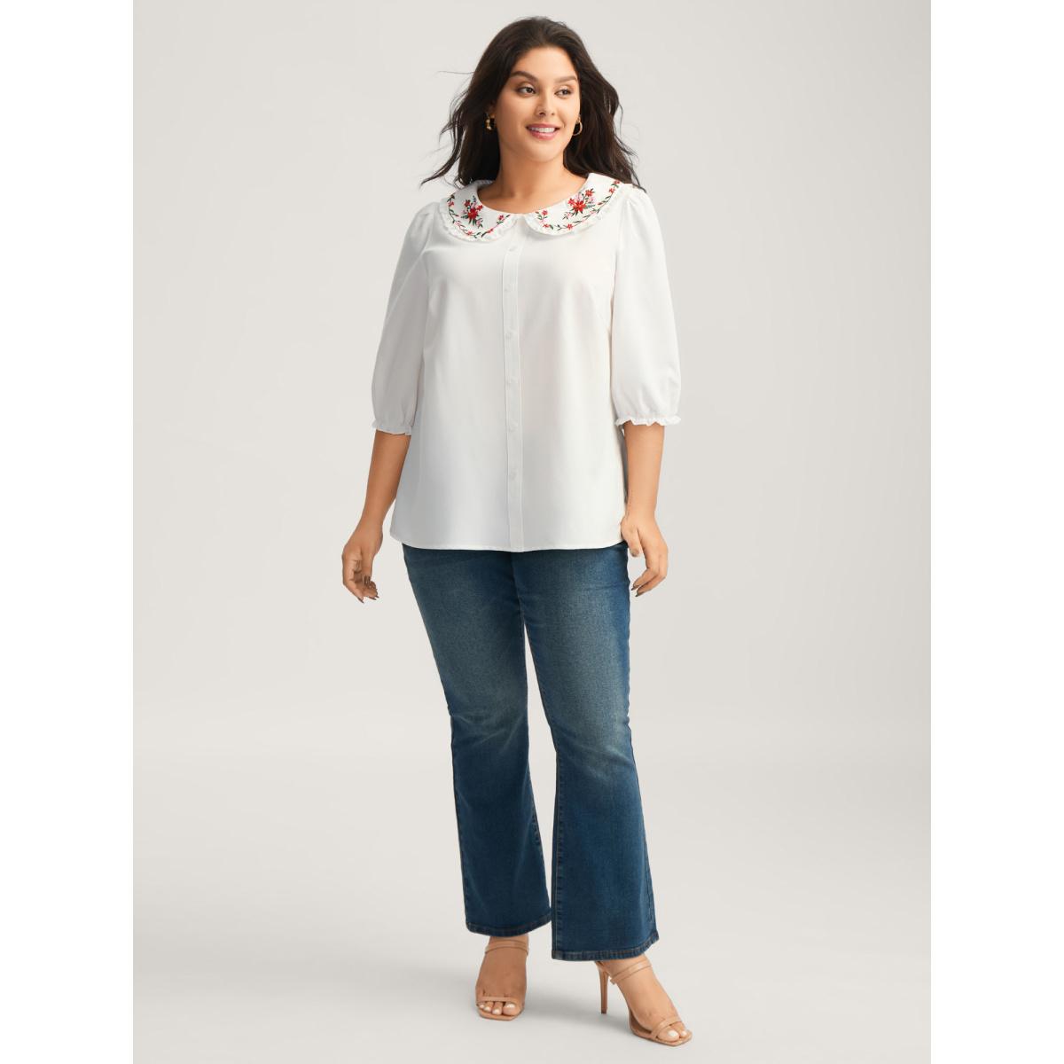 Plus Size Originalwhite Floral Embroidered Doll Collar Blouse Women Elbow-length sleeve Peter Pan collar Everyday-Elegant Blouses BloomChic 12/L Product Image