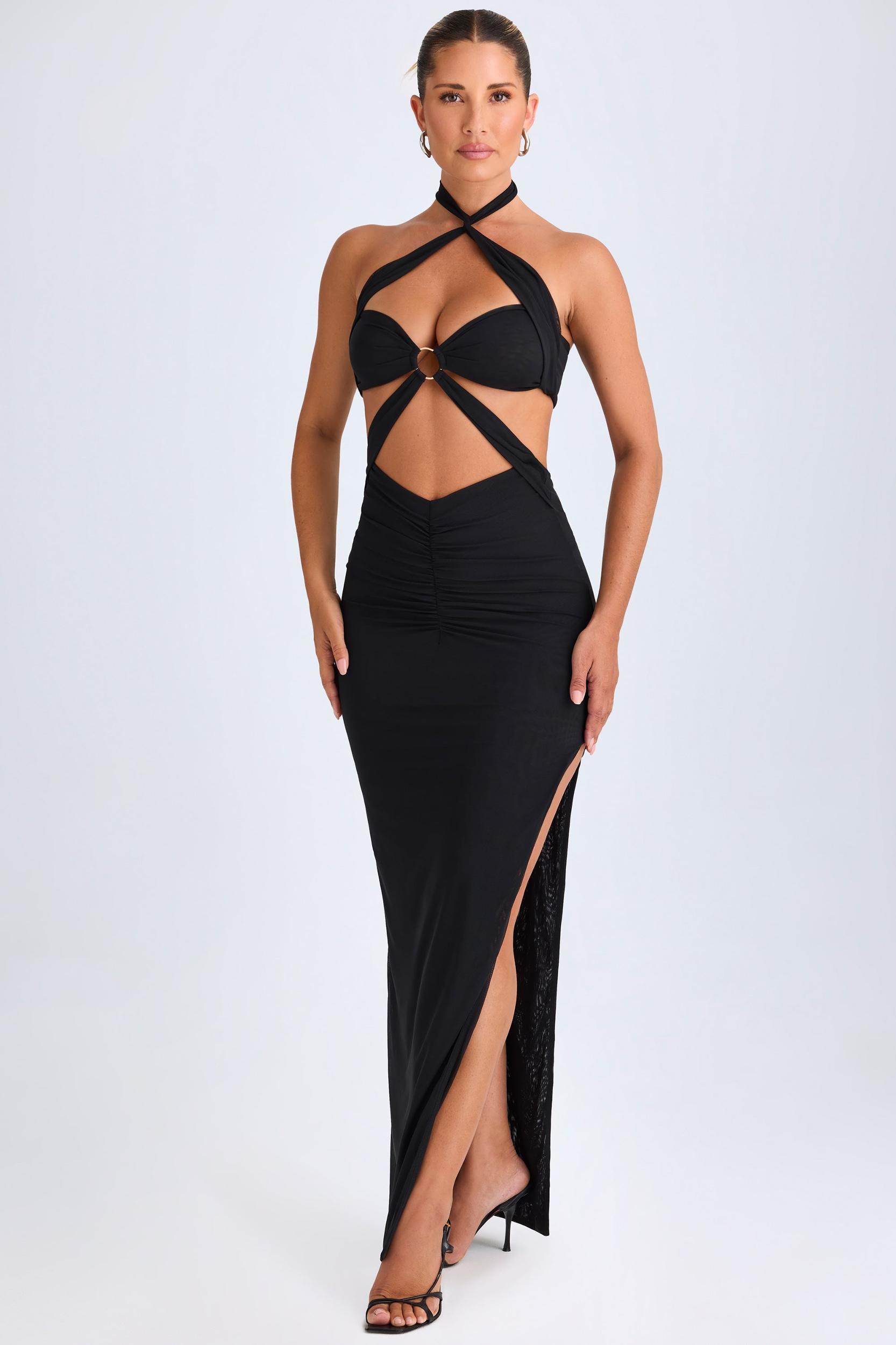 Hardware Detail Cut-Out Halterneck Maxi Dress in Black Product Image