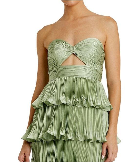 Mac Duggal Pleated Strapless Cut Out Tiered Ruffle Charmeuse Satin Column Gown Product Image